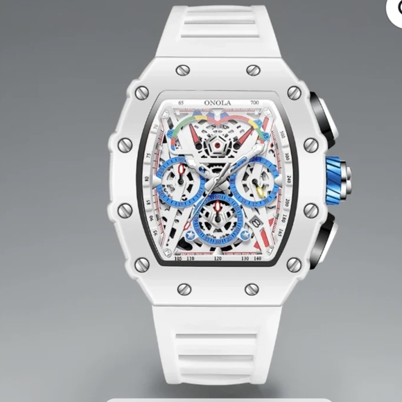 NIB White Skeleton Sport Smartwatch w/Blue Accents Multifunctional Silicone Tape